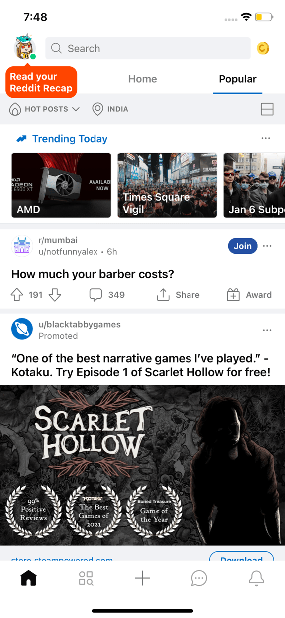 Reddit application homepage on iphone