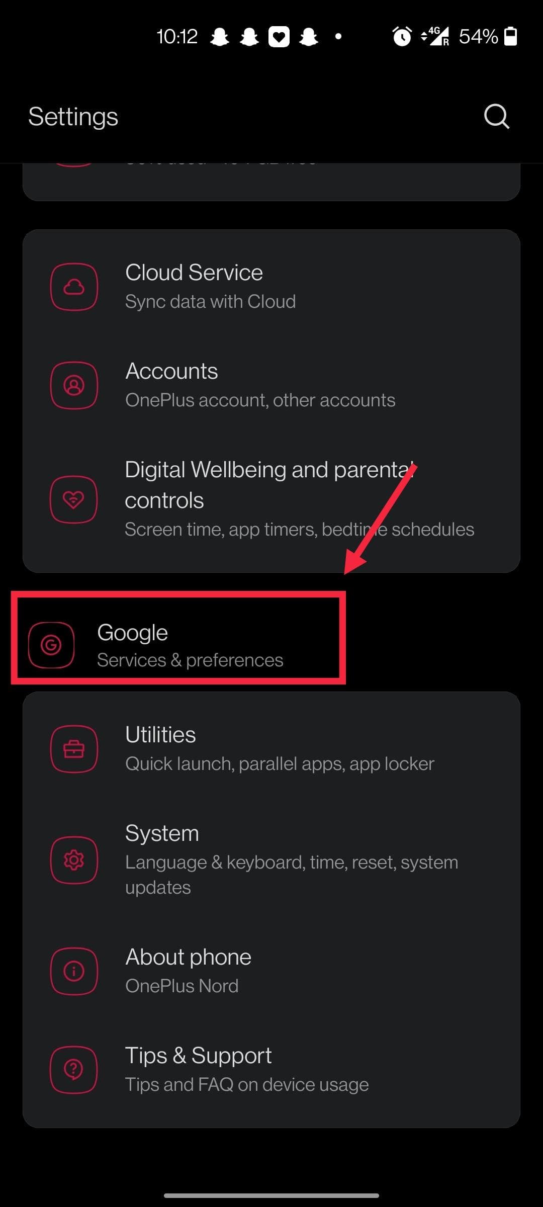 Android phone settings-> google option