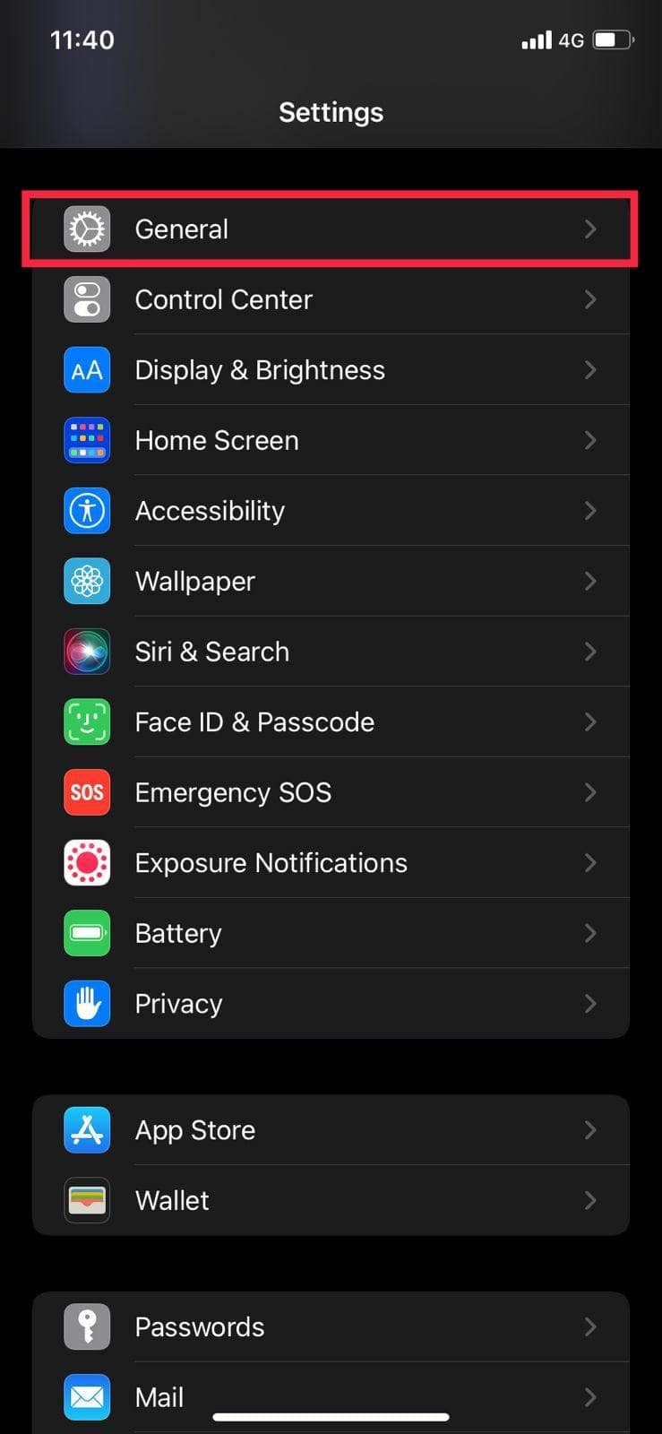 iPhone settings-> general screen