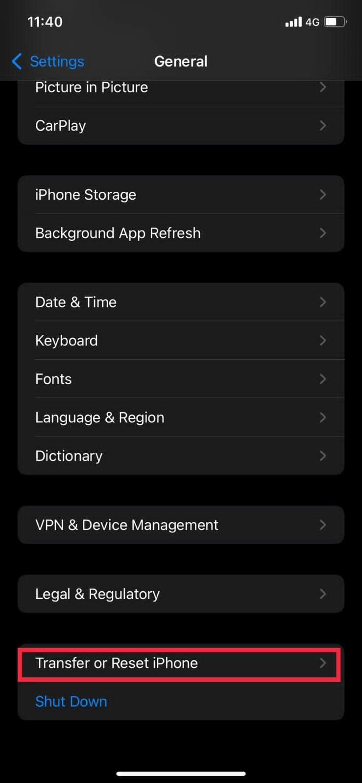 Transfer or reset iPhone option