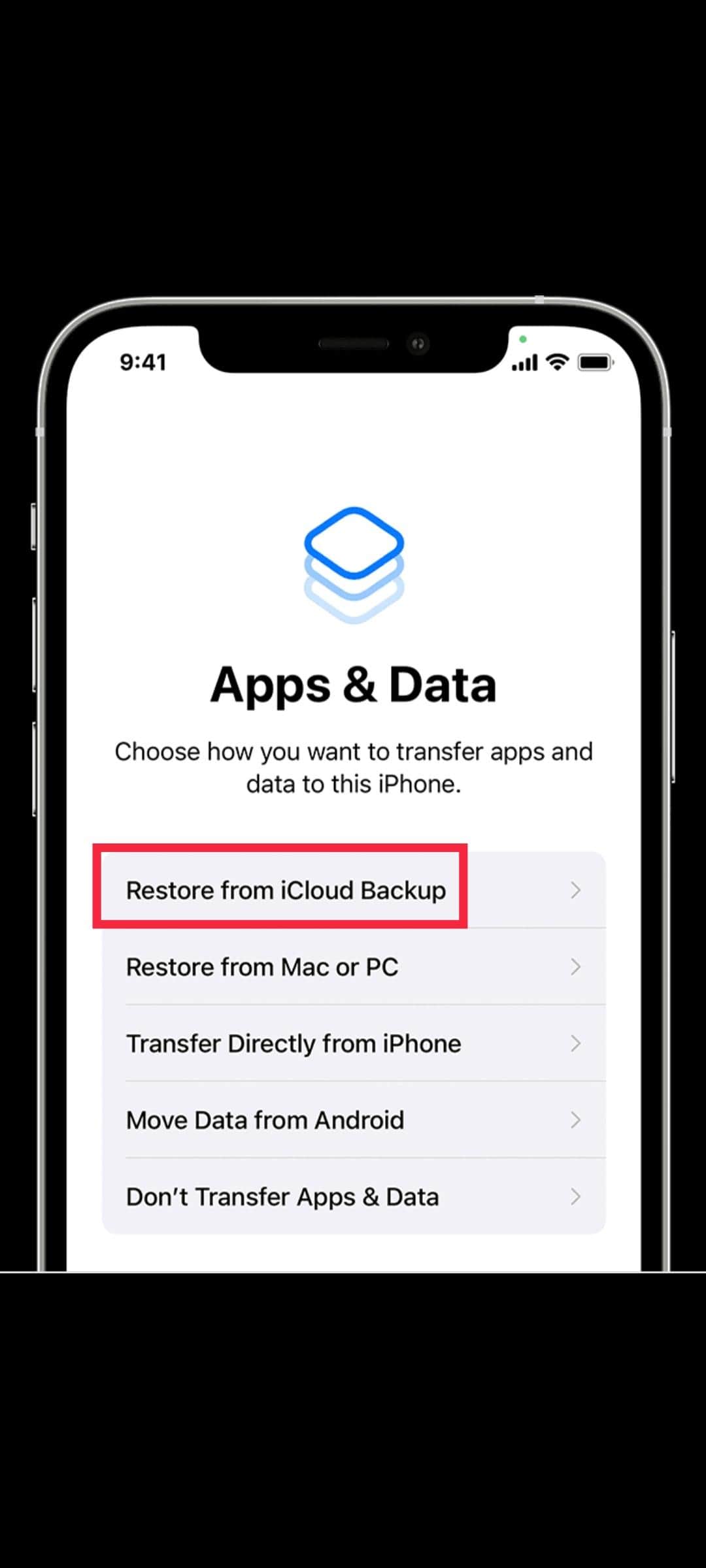 iPhone "Restore from iCloud Backup" option screen