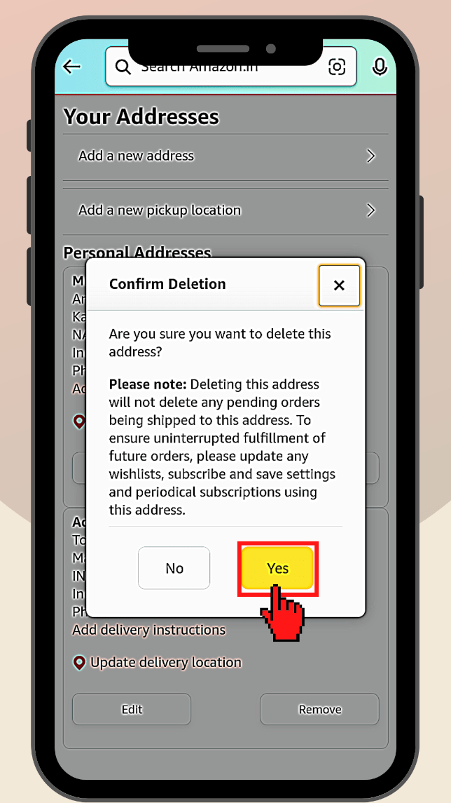 Amazon saved addresses confirm deletion popup yes or no button screen