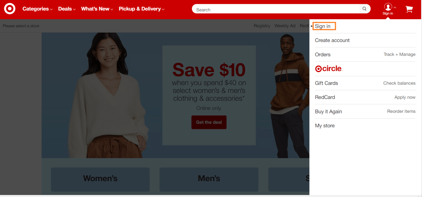 Target.com homepage screen