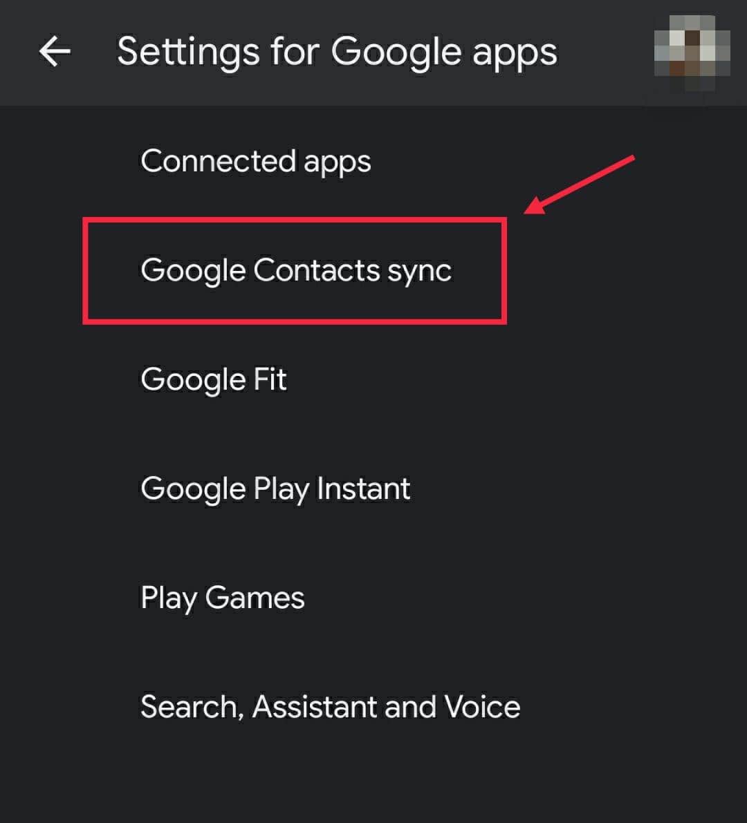 Google Contacts Sync option screen