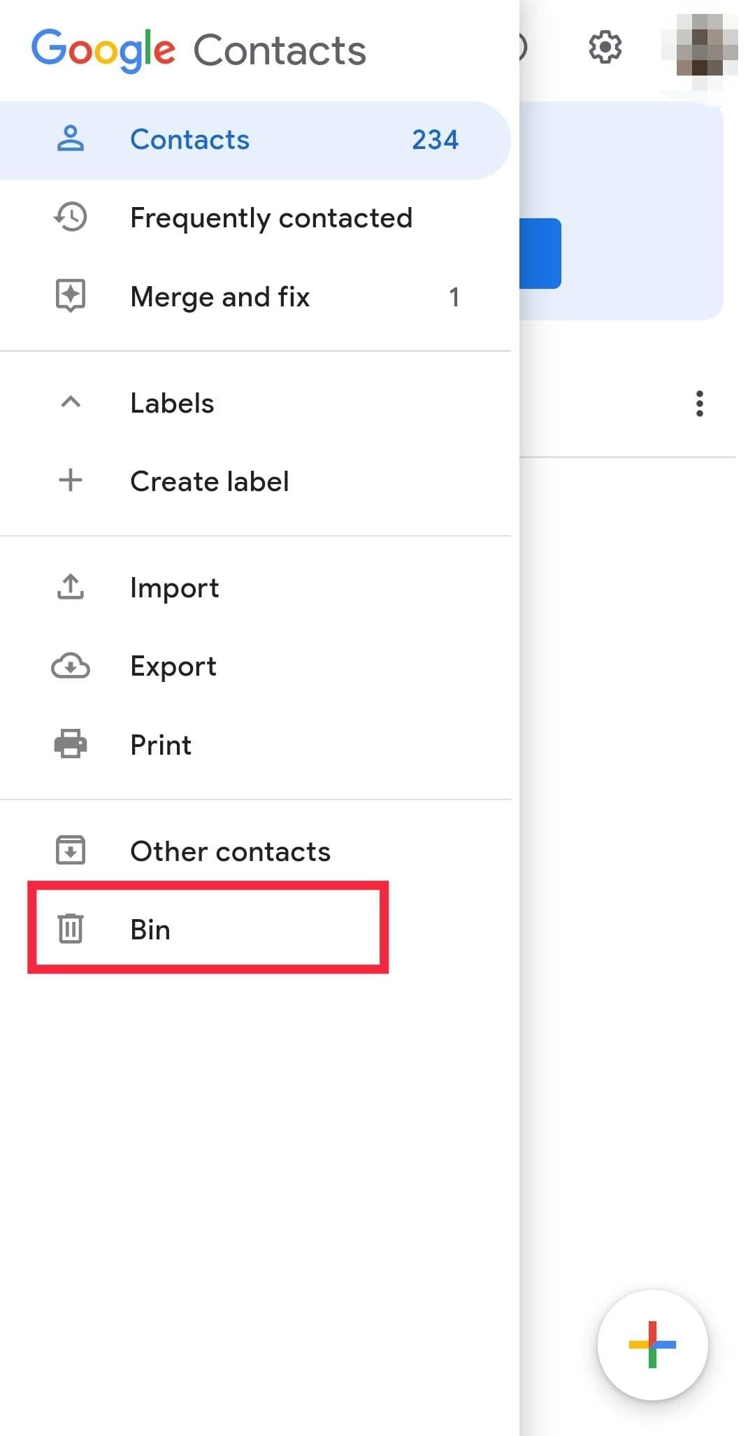 Android google contacts app bin button screen