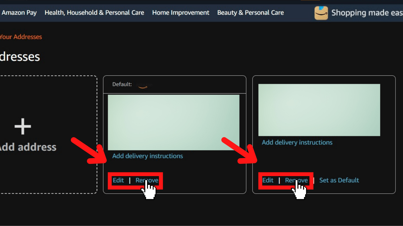 Amazon delivery address edit/remove address screen