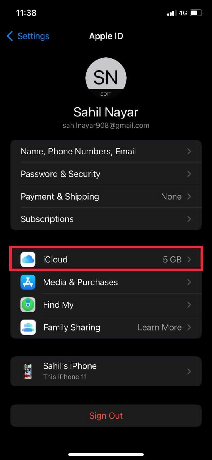 IPhone Icloud option in settings ios screen