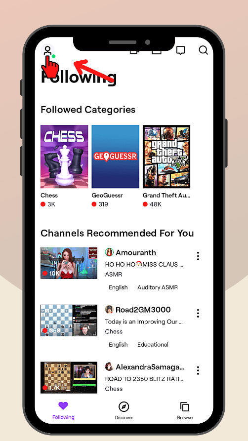 Twitch Mobile application profile icon screen