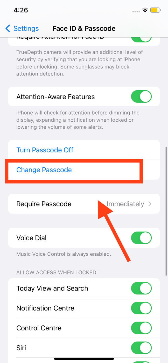 iphone change passcode option