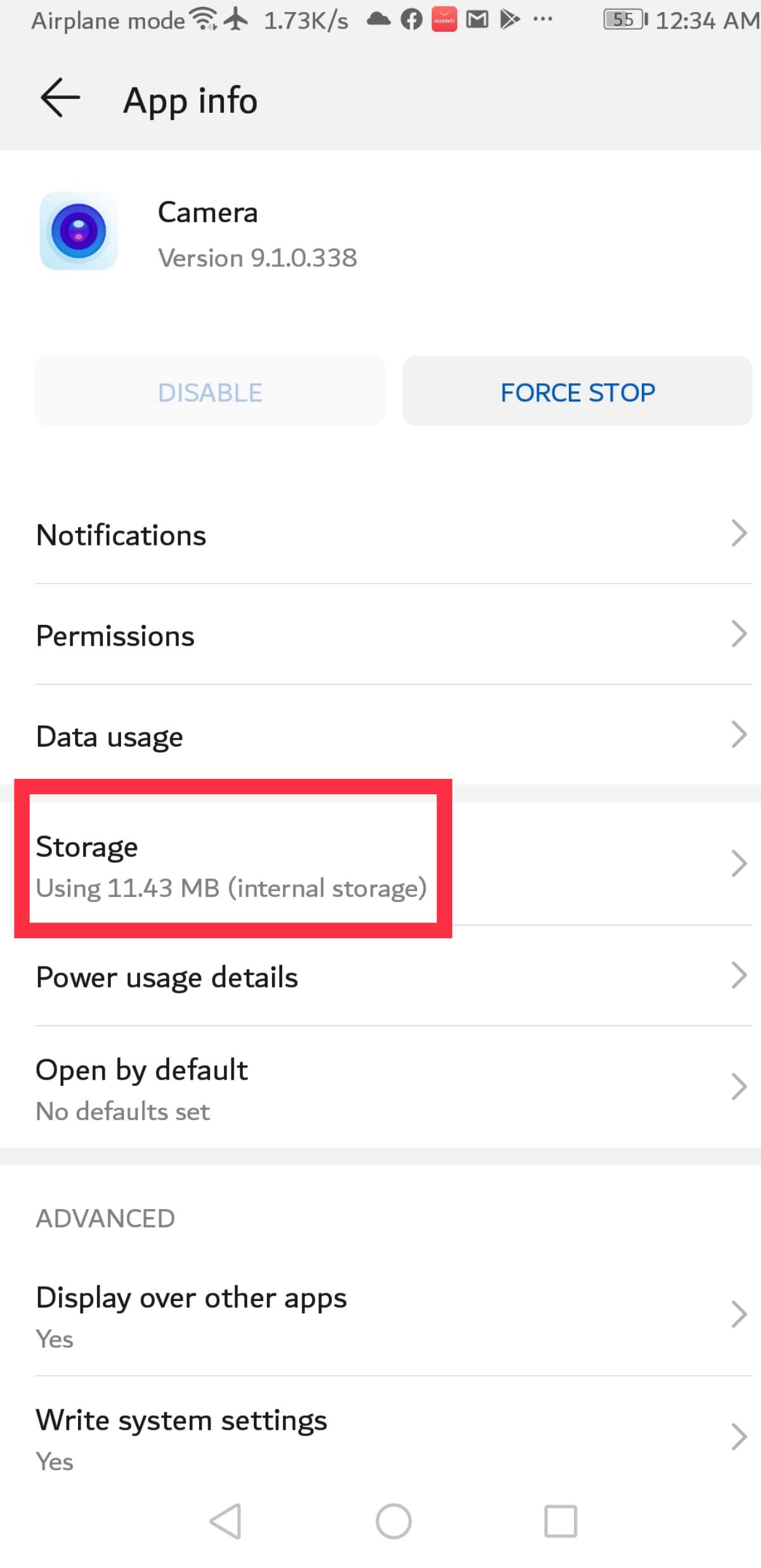 how to fix an android flashlight- Camera App Storage Option