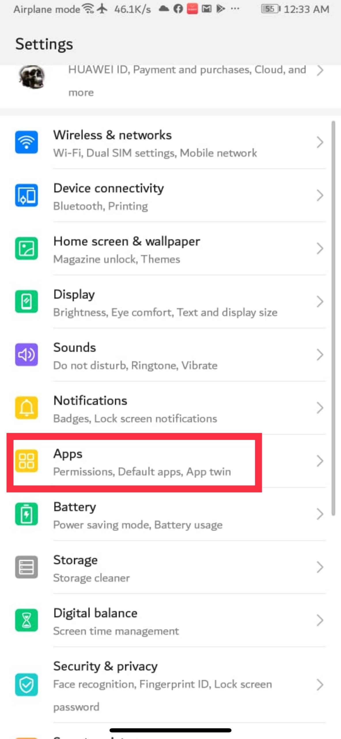 Android settings and Apps option