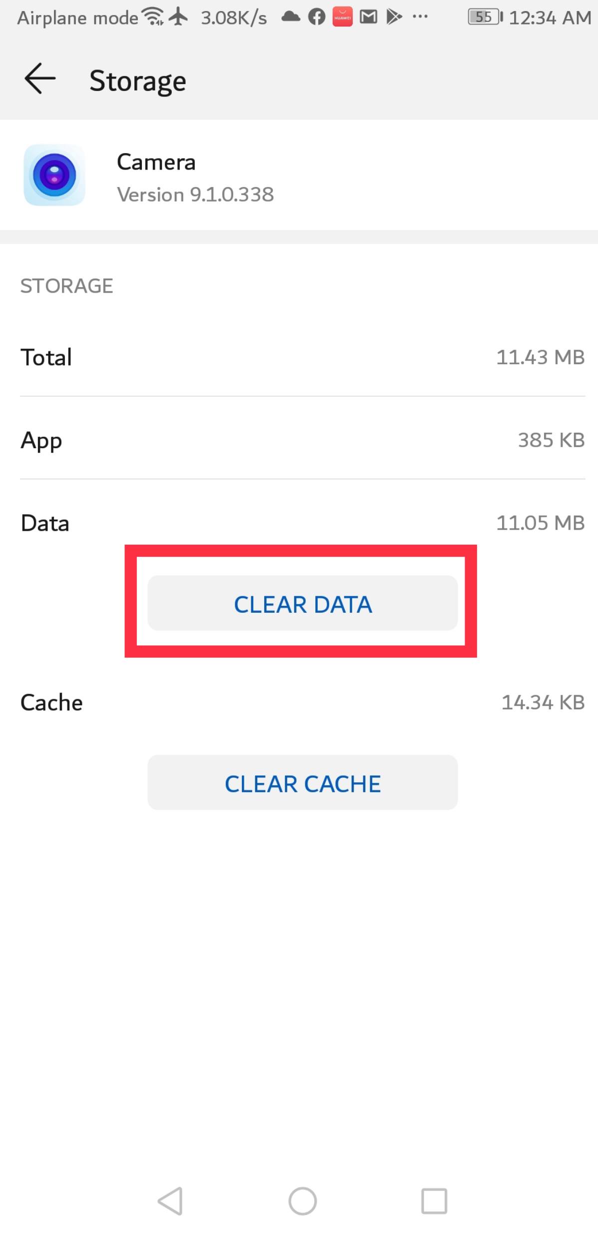 how to fix an android flashlight- camera clear data button
