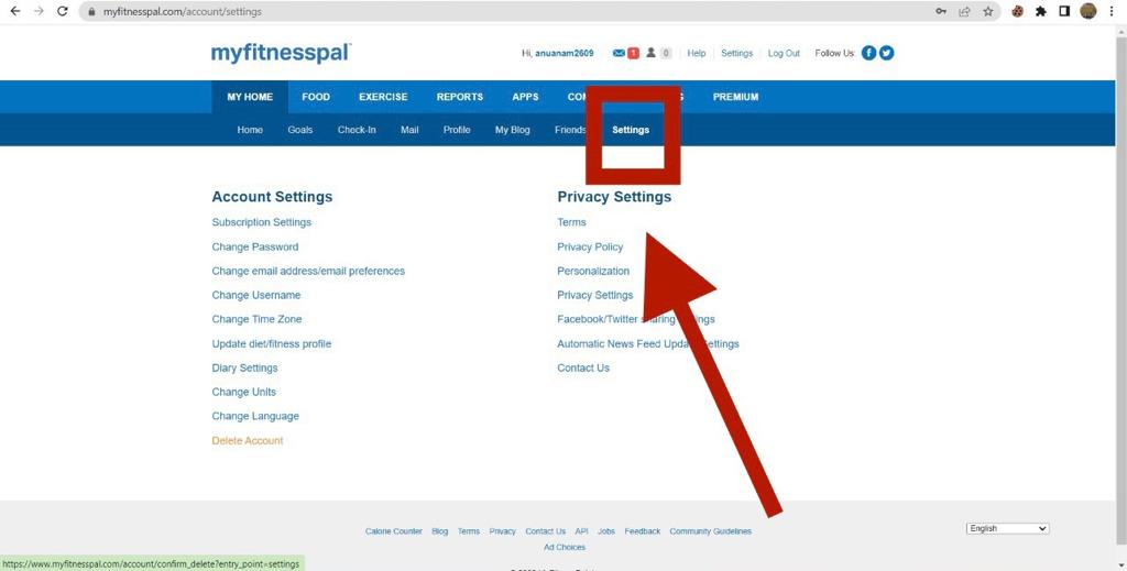 How to delete myfitnesspal account (After selecting the option, you must select the setting option.)