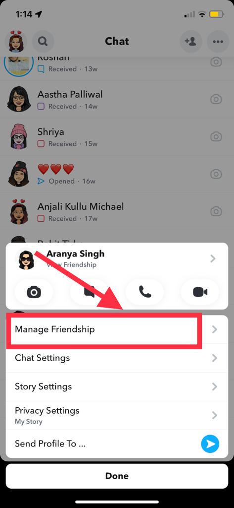 Select on "Manage friendship" option.