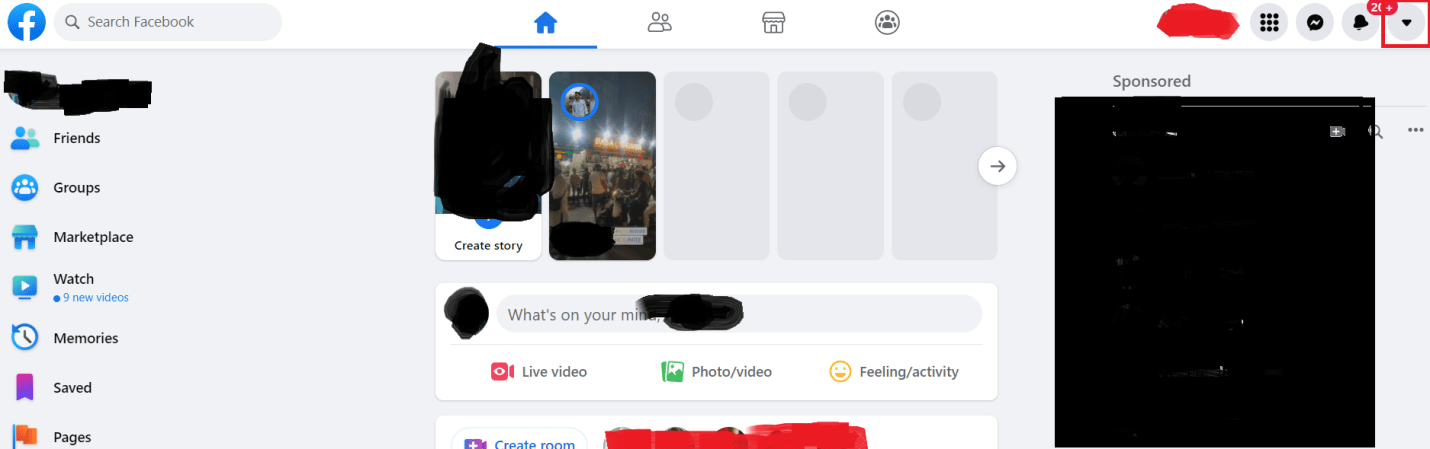 Facebook Downward Arrow Top right side of your screen