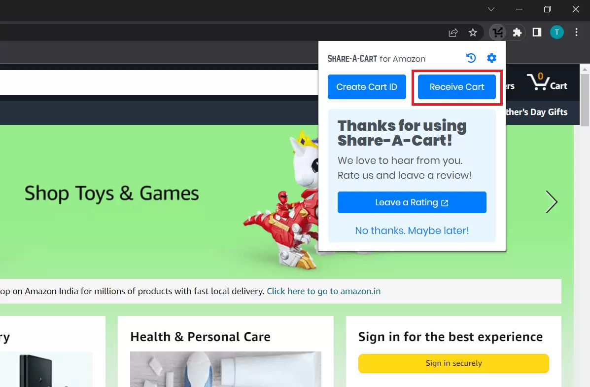 Receive cart button for amazon cart page