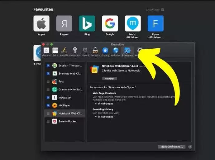 Extension tab on safari