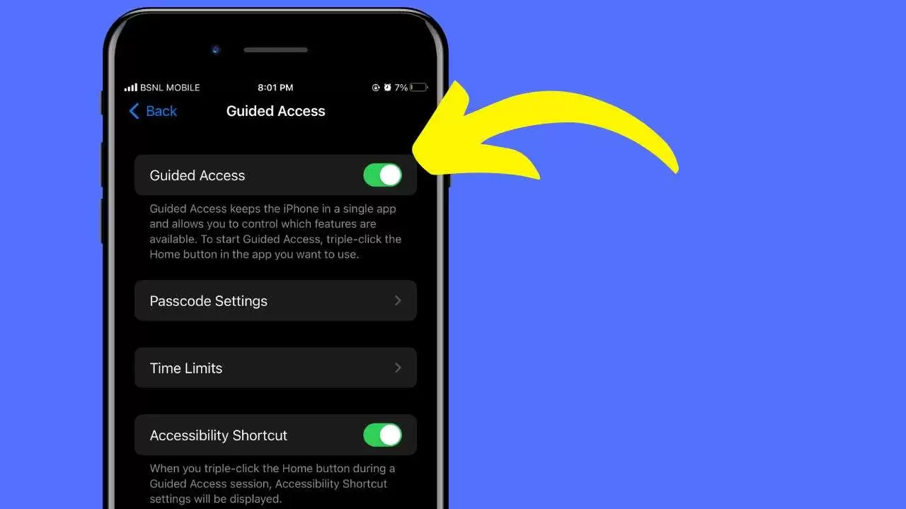 Turn on Guided Access by toggle, and go to Passcode Settings