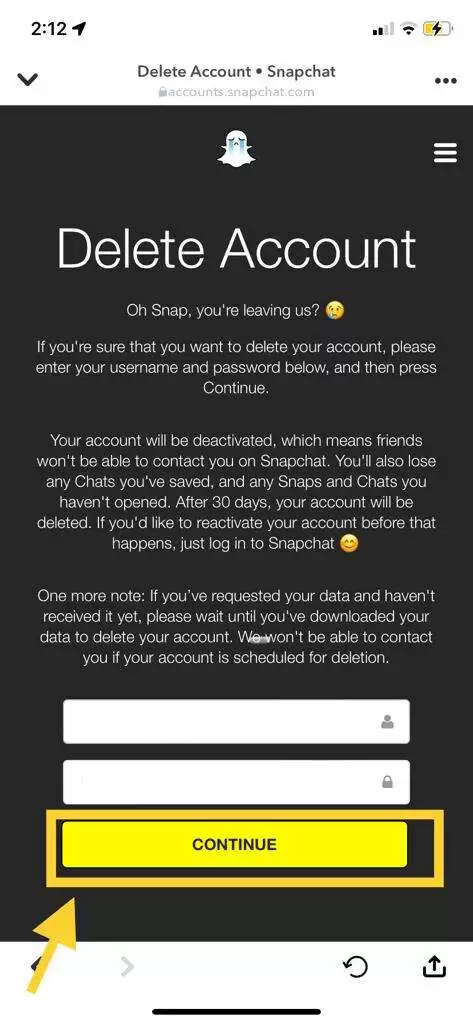 Snapchat Continue button