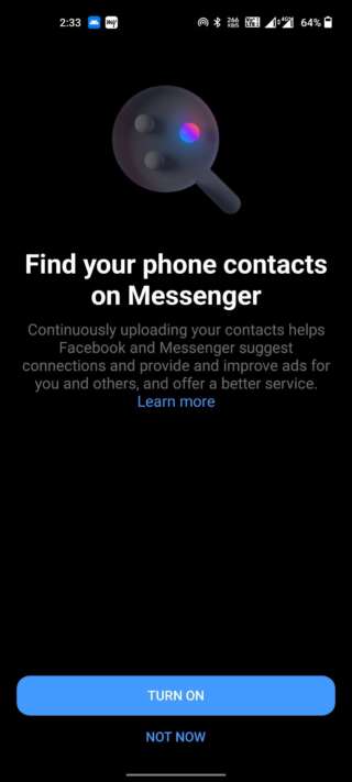 Click not now and refuse find your facebook contacts on messenger request