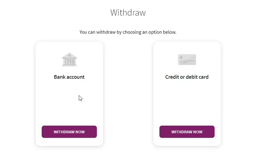 Withdraw option screen