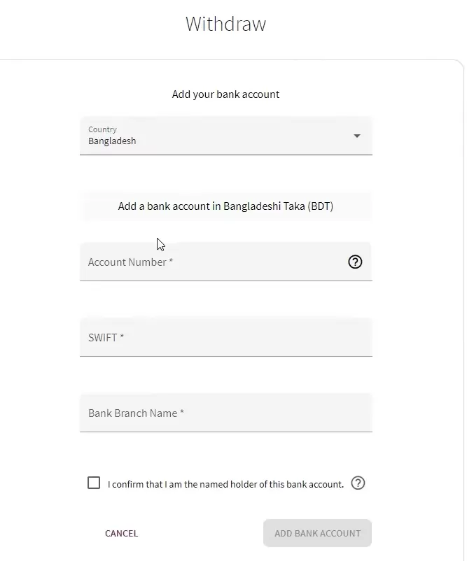Add your bank account section to choose the country