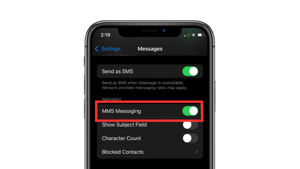 Enable MMS Messaging Toggle ON - iPhone not Sending Pictures to Android Devices