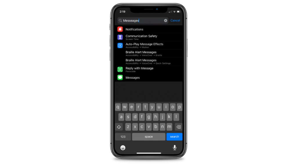 Iphone search Messages in search bar