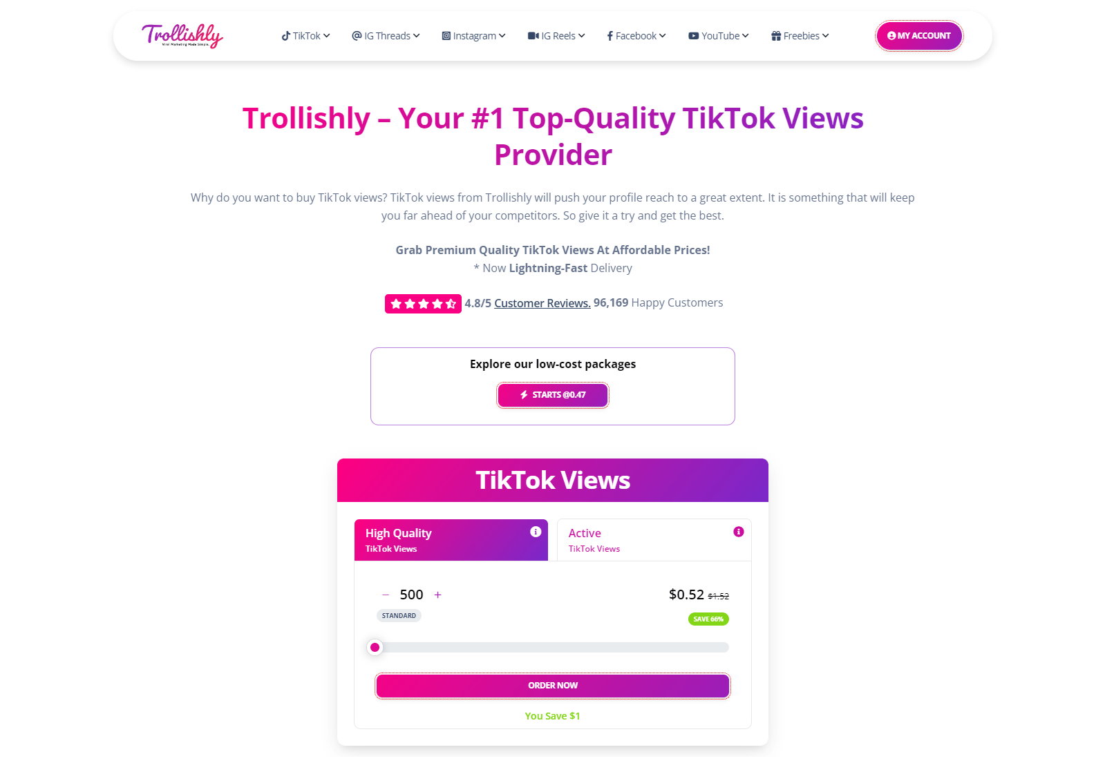 Trollishly Best Site To Buy TikTok Views Homepage Screen