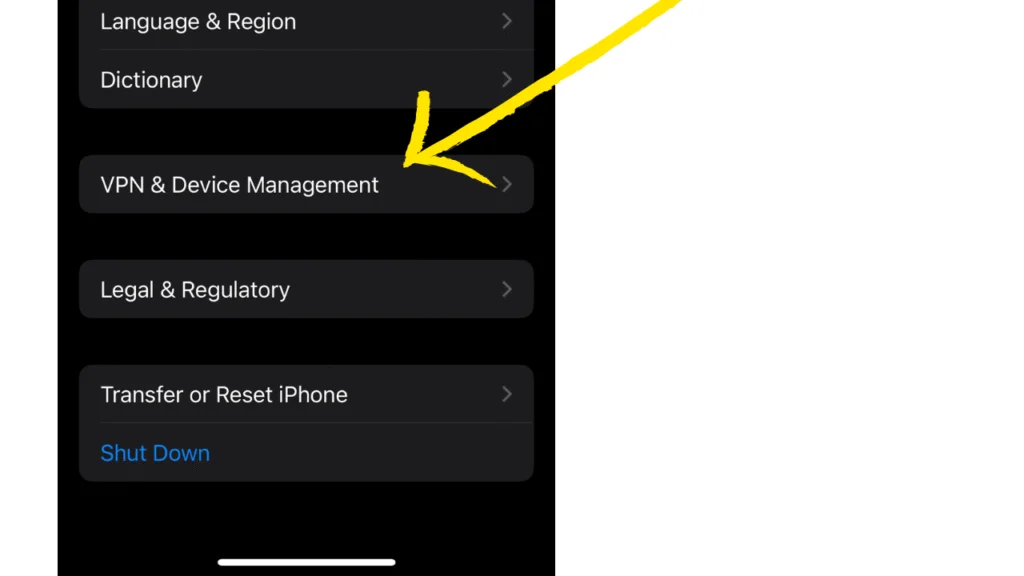 VPN & Device Management option for iphone