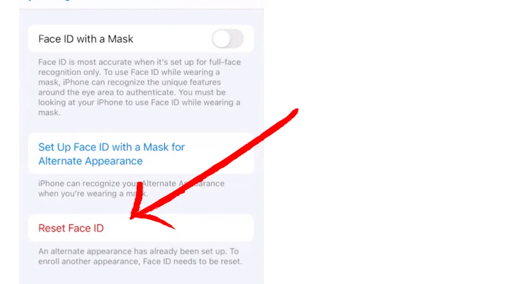 Reset Face ID option on Iphone