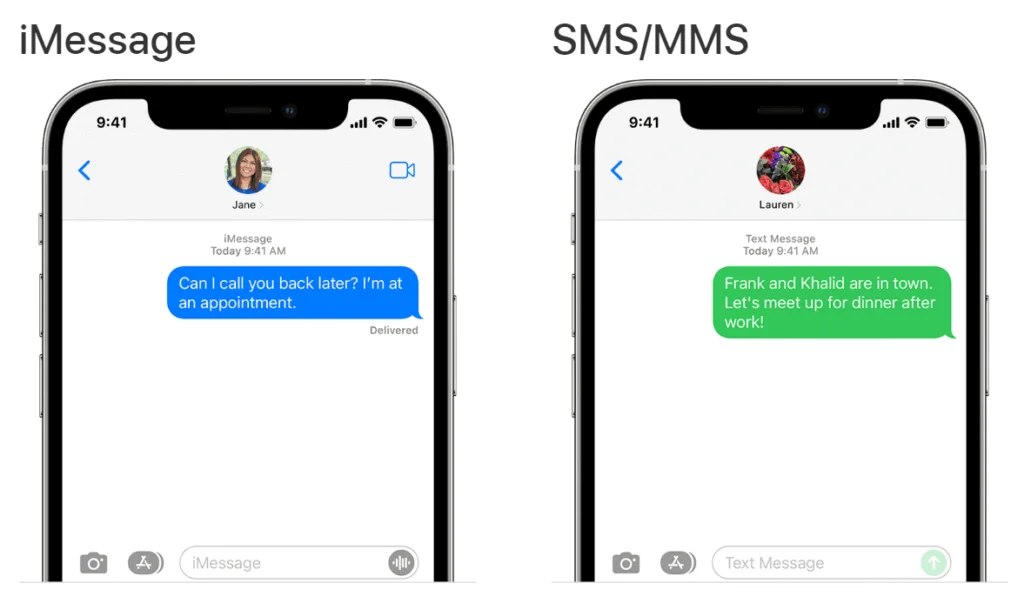 imessage vs sms/mms sampls screen