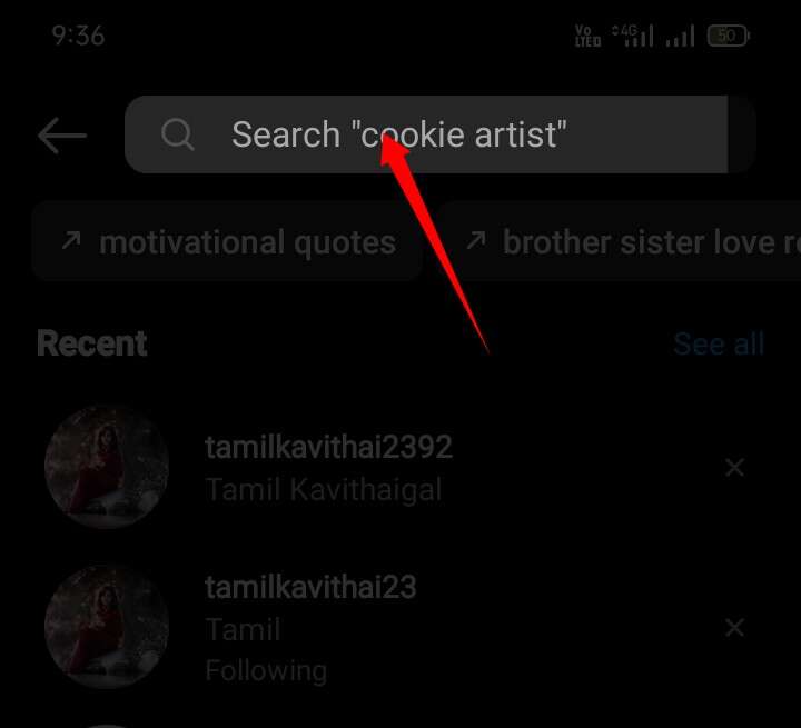 click on the Instagram search bar on the top of the interface
