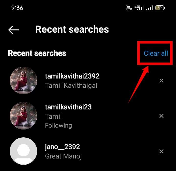Instagram search clear all option