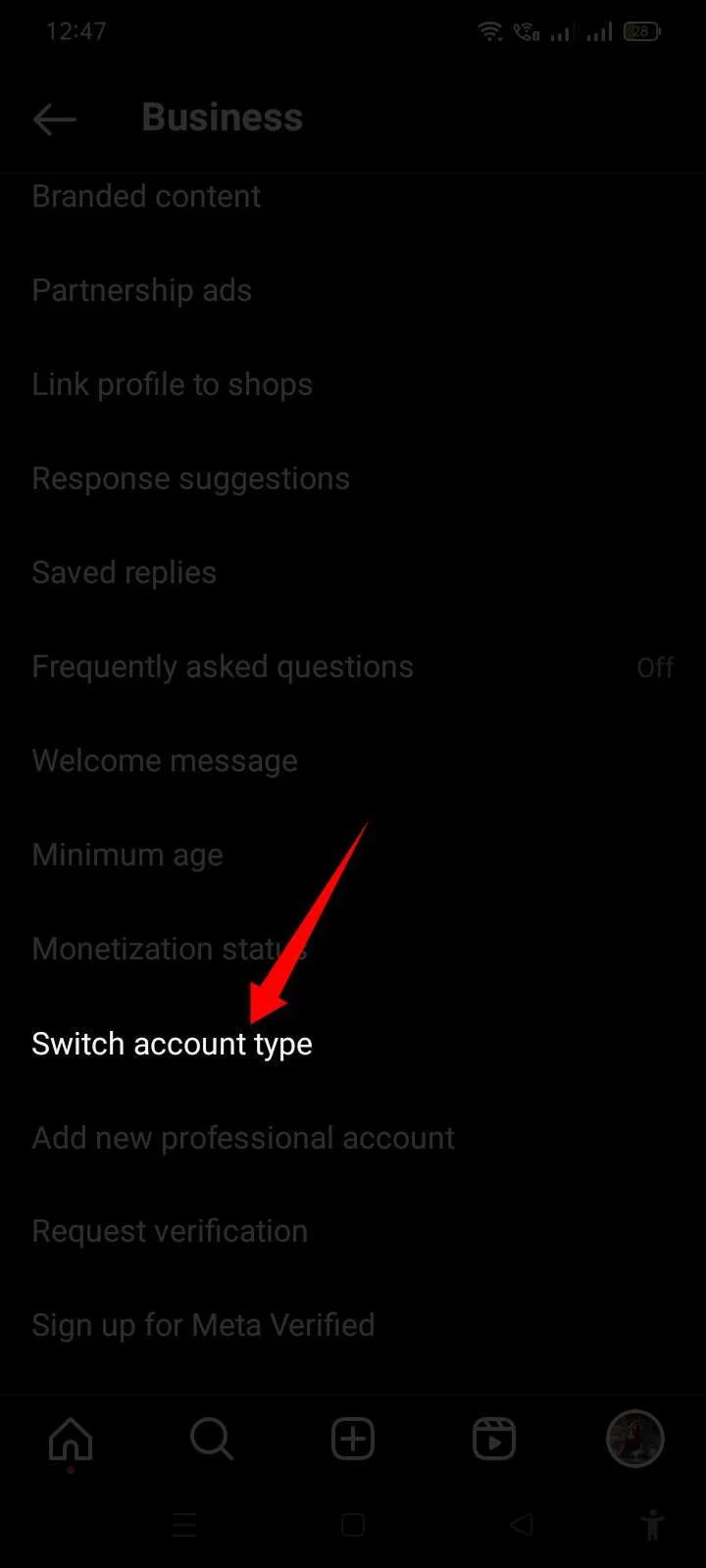 Switch account type option in Instagram