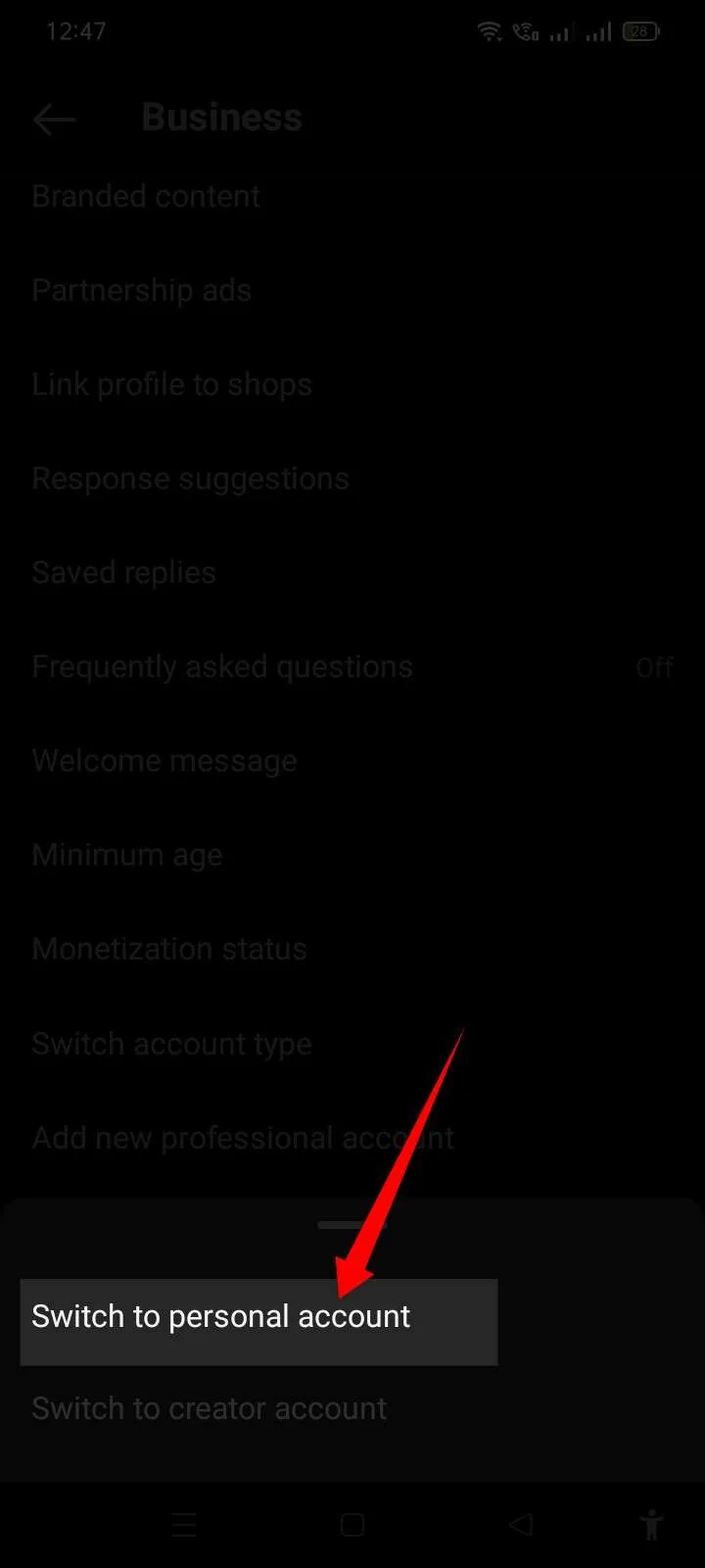 Switch to personal account option