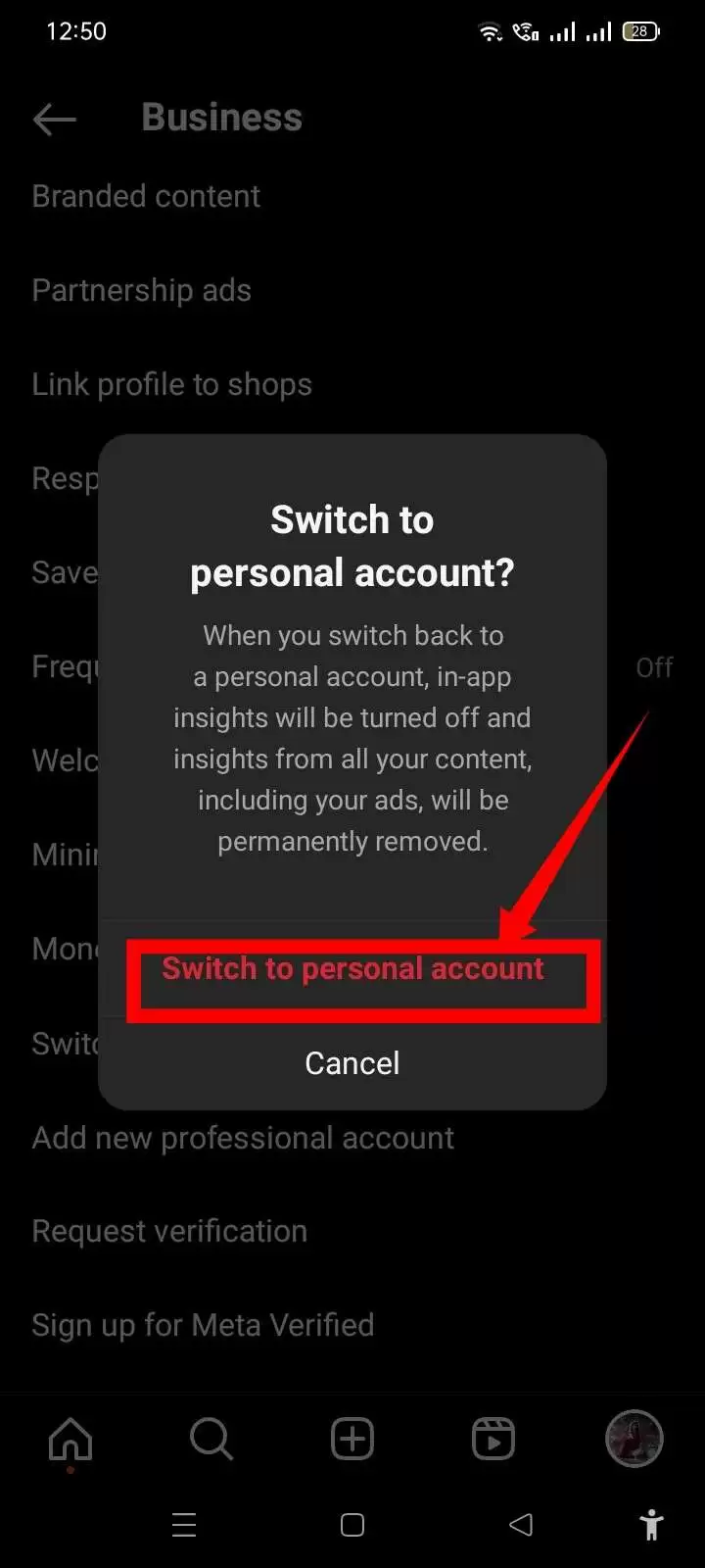 Switch to personal account popup confirmation