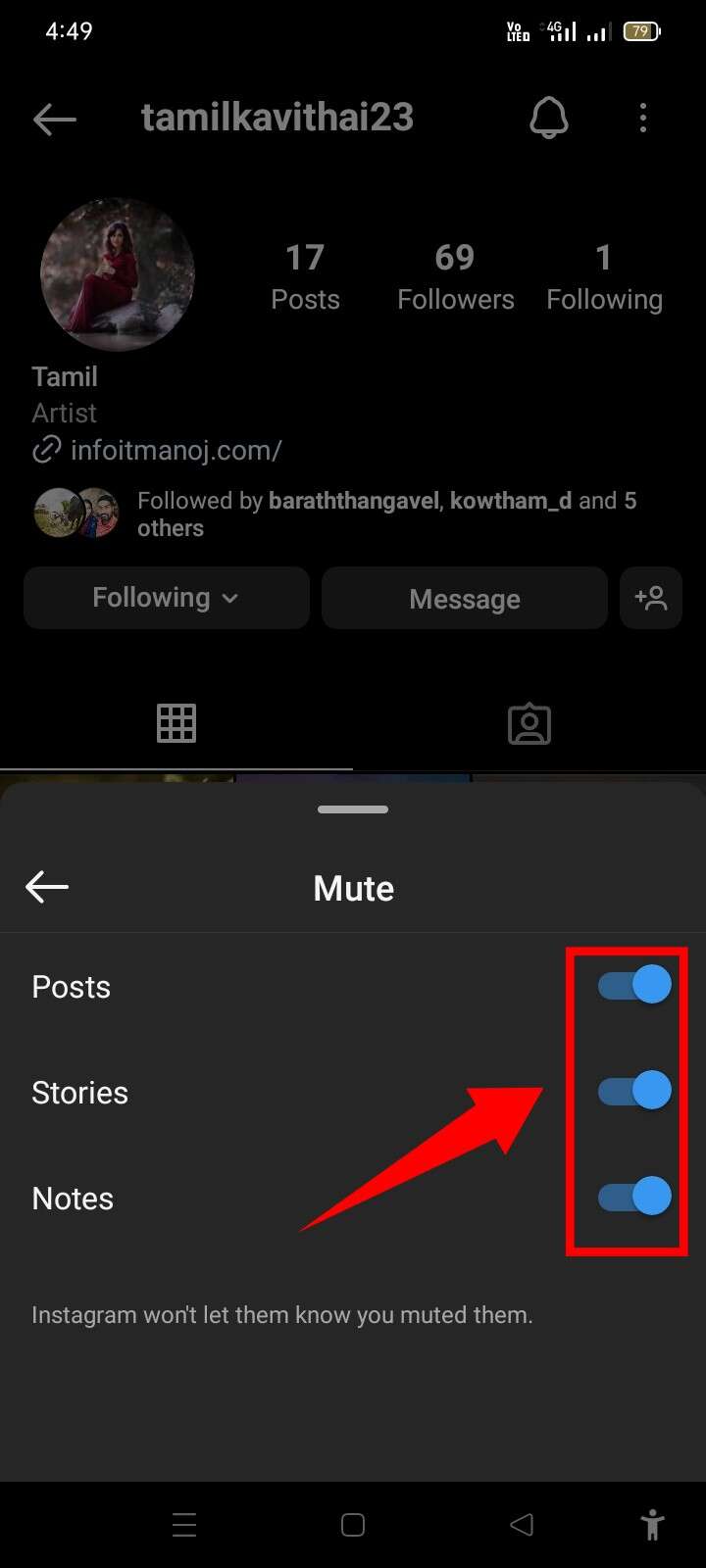 Tap on the slider unmute the stories, posts, and notes