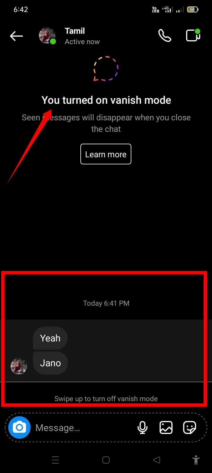 Vanish mode activated and Instagram messages will be deleted for both sides