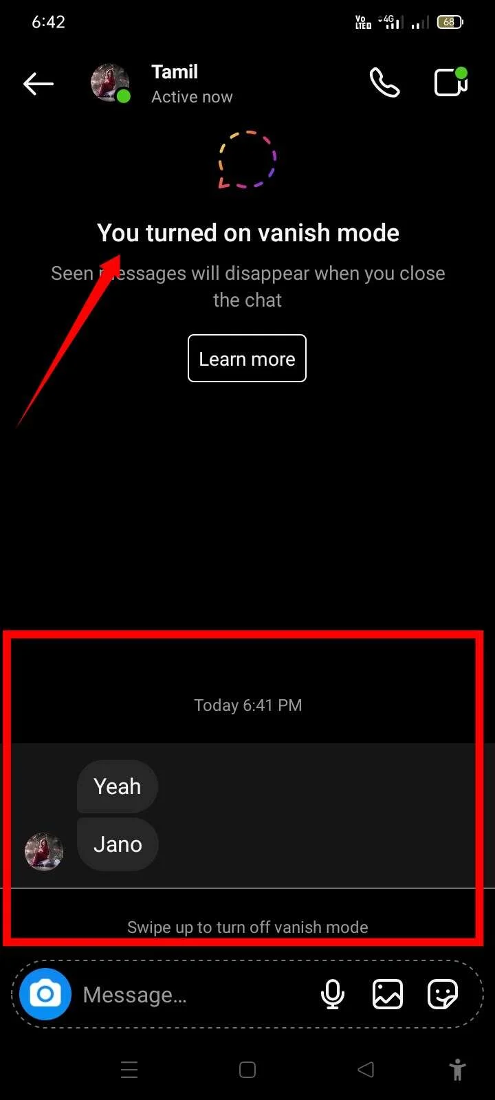 Vanish mode activated and Instagram messages will be deleted for both sides