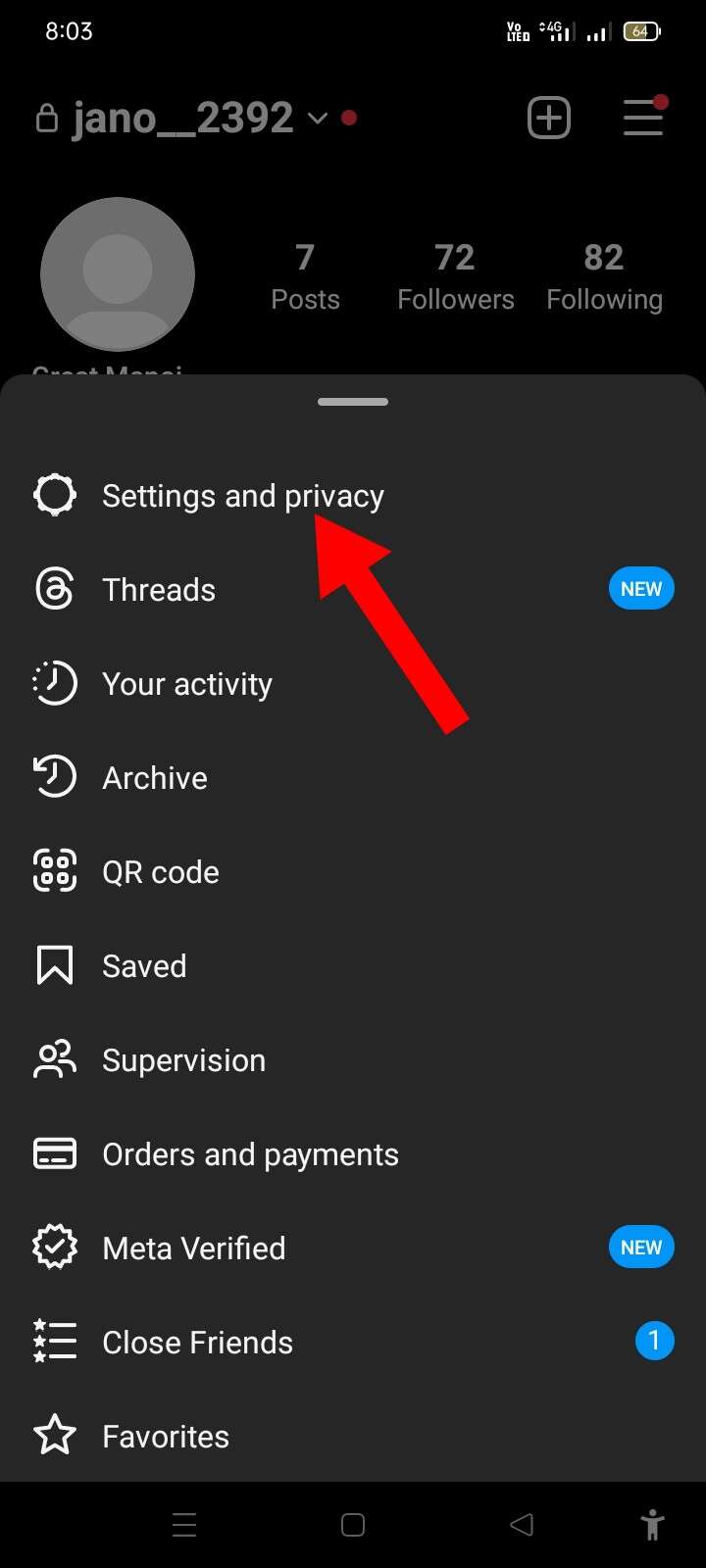 Settings and privacy option on instagram