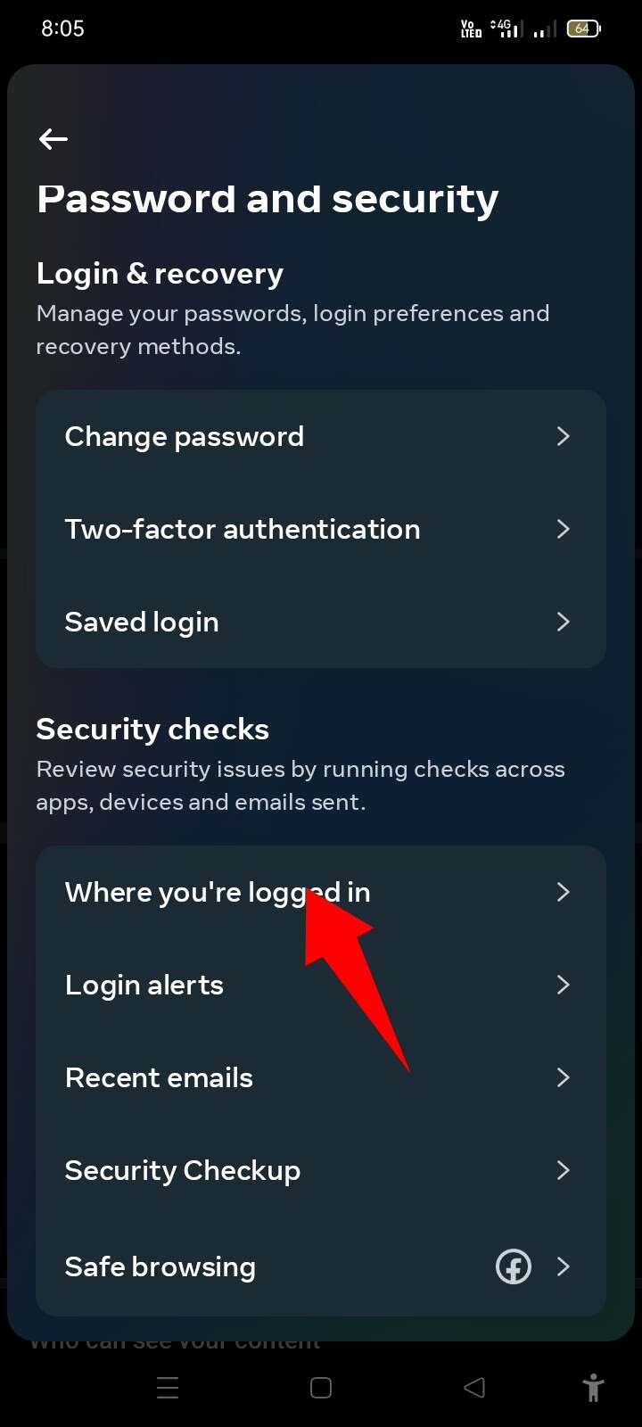 Where you're logged in option on instagram