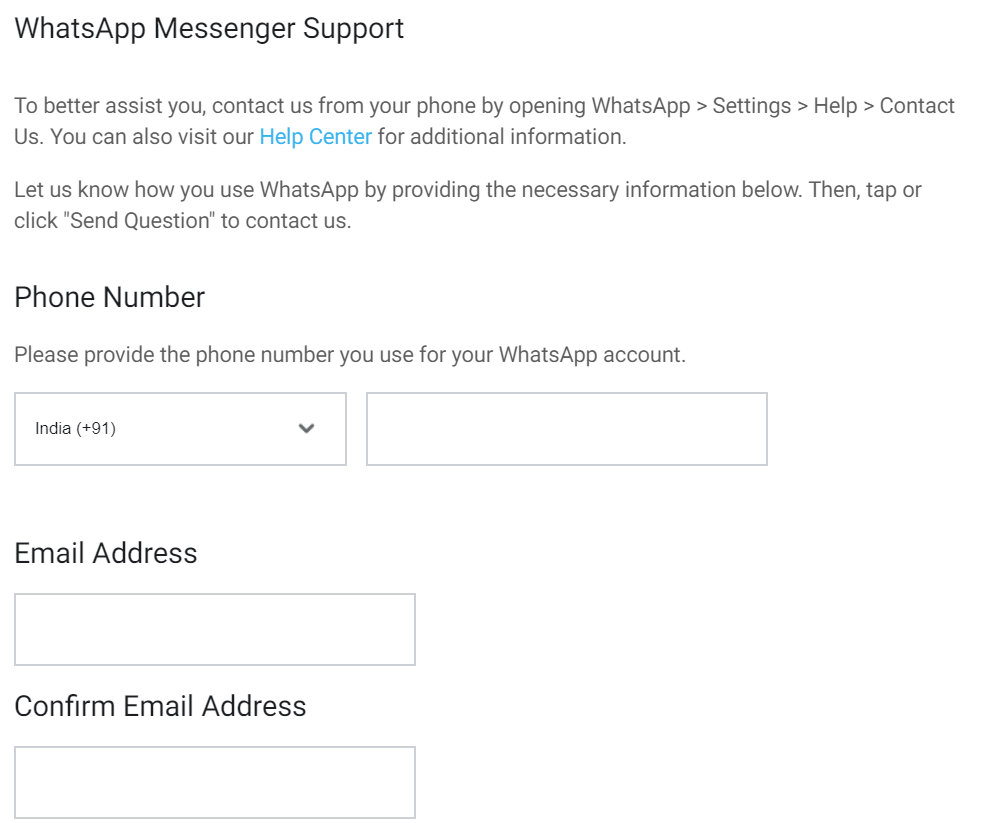 WhatsApp Messenger Support Screen