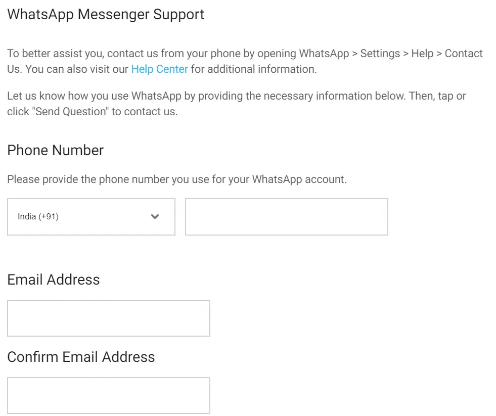 WhatsApp Messenger Support Screen